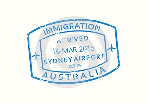 Australia passport stamp. Visa stamp for travel. Sydney international airport grunge sign.